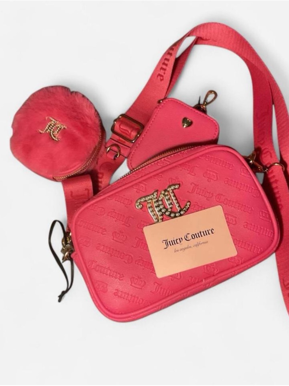 Juicy Couture Hot Pink Quilted Logo Crossbody with Fur Coin Pouch